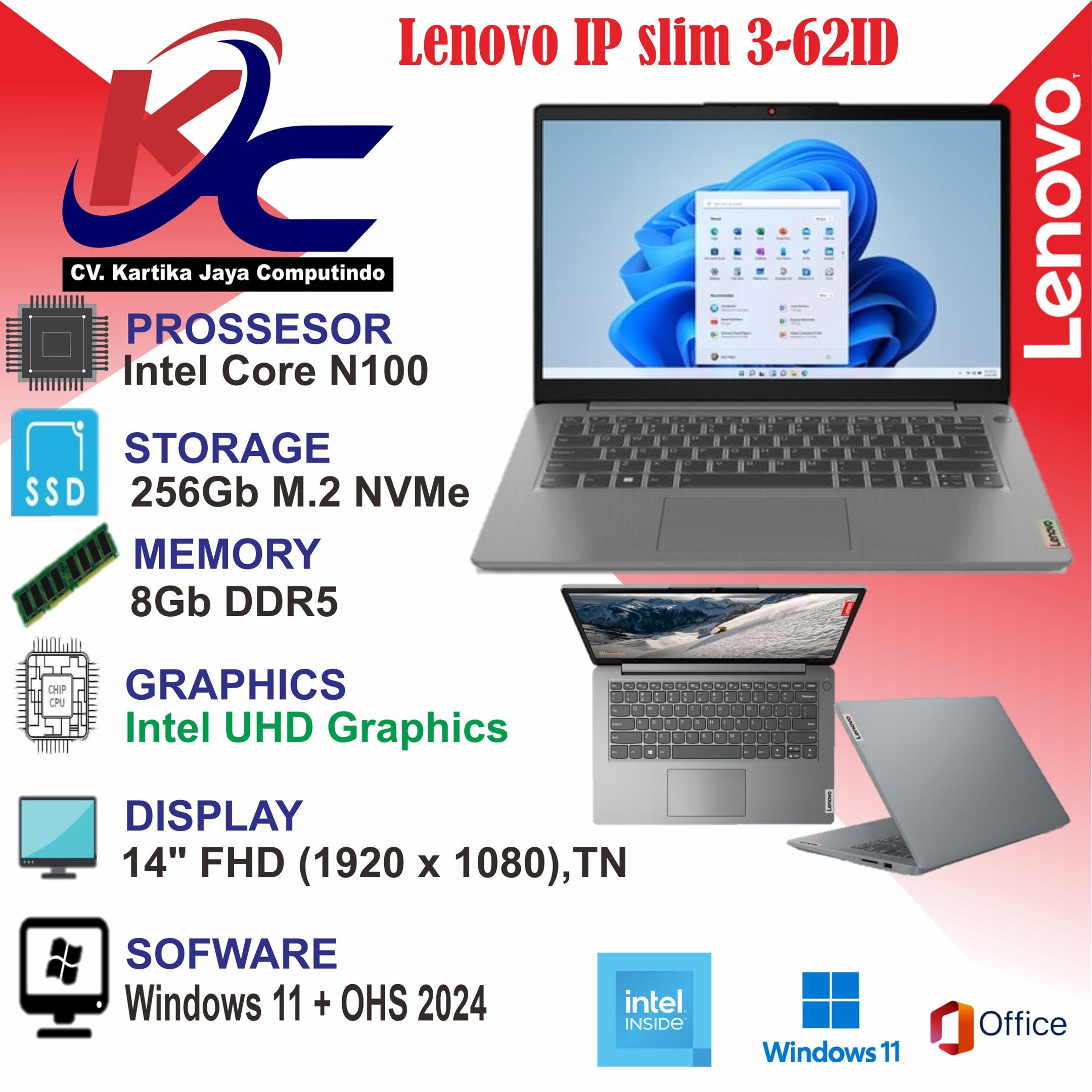 LENOVO IP 3 62ID  N100/ 8GB/ SSD 256GB/ W11 OHS PREM GREY